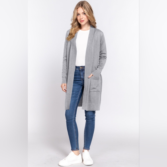 ACTIVE BASIC Open Front Rib Trim Long Sleeve Knit Cardigan - Picture 2 of 3